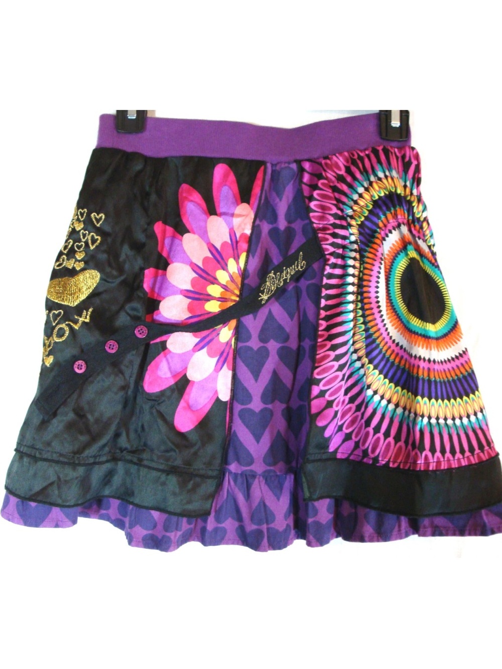 Desigual Black Floral Print Heart Skirt Above-Knee Layered Skirt Juniors